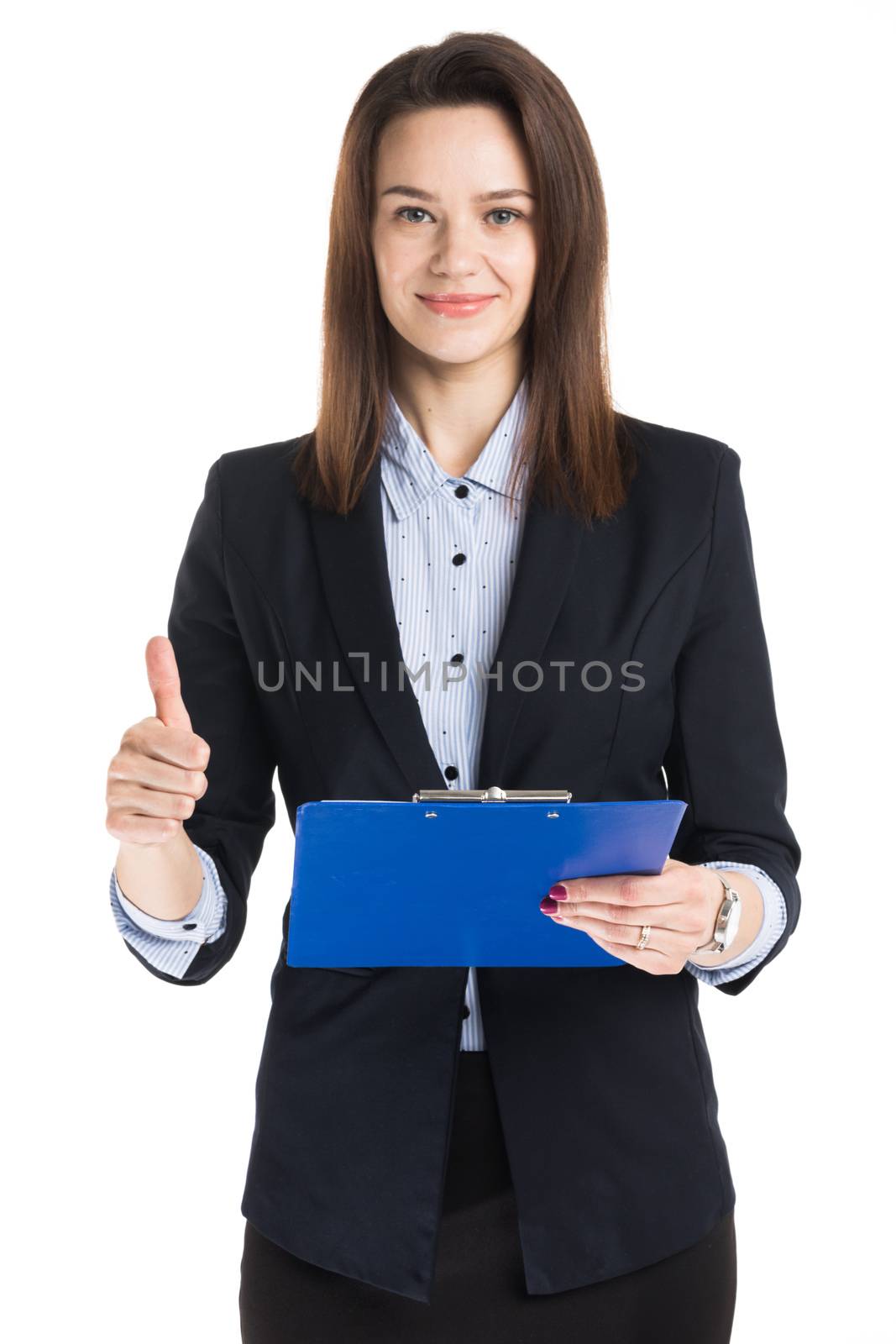 Beautiful businesswoman holding blue folder with thumb up sign isolated on white background