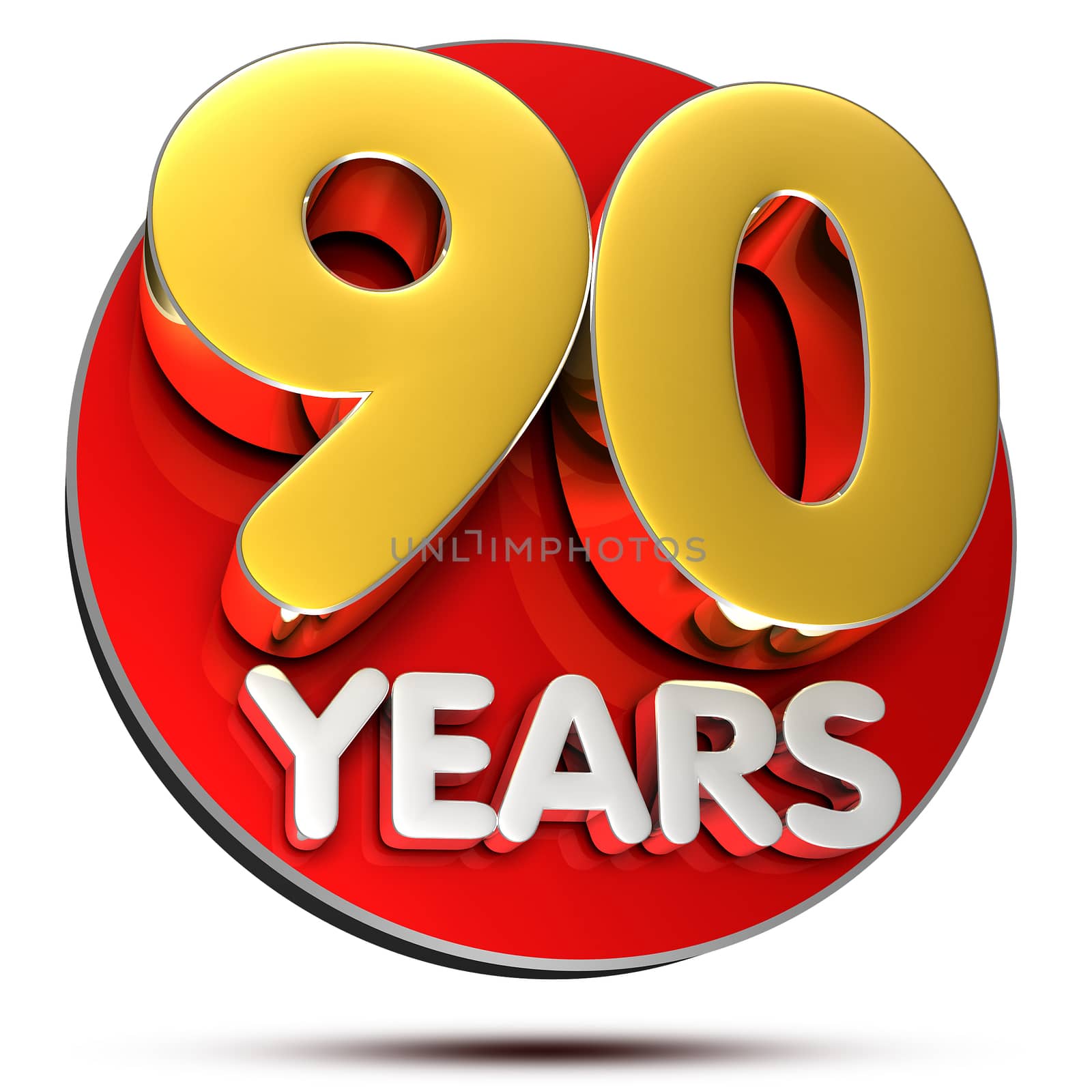 90 Years 3D rendering on white background.(with Clipping Path).