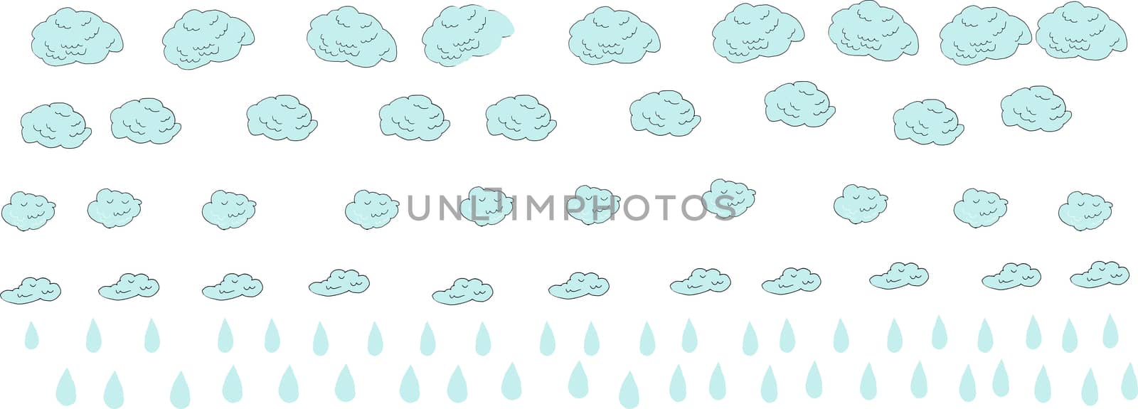 Doodle hand drawn sign of clouds and rain drops isolated on a white background. illustration of weather forecast banner by claire_lucia