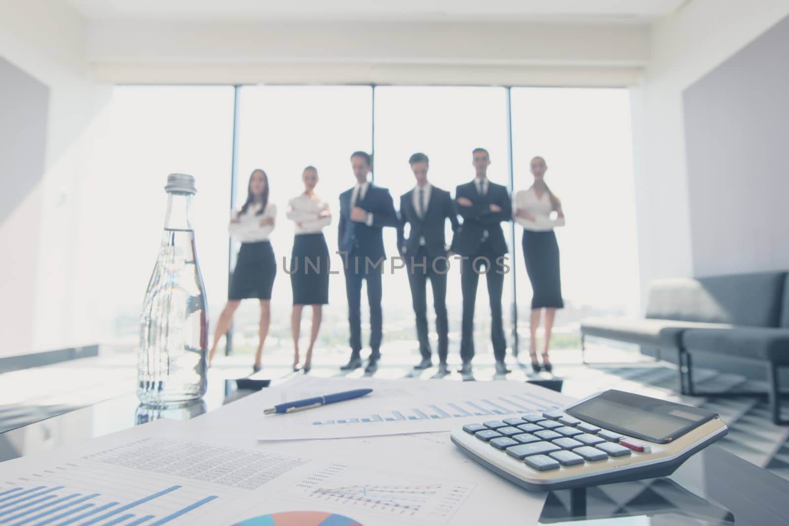 Close up view of printed graphs and business people discussing financial data