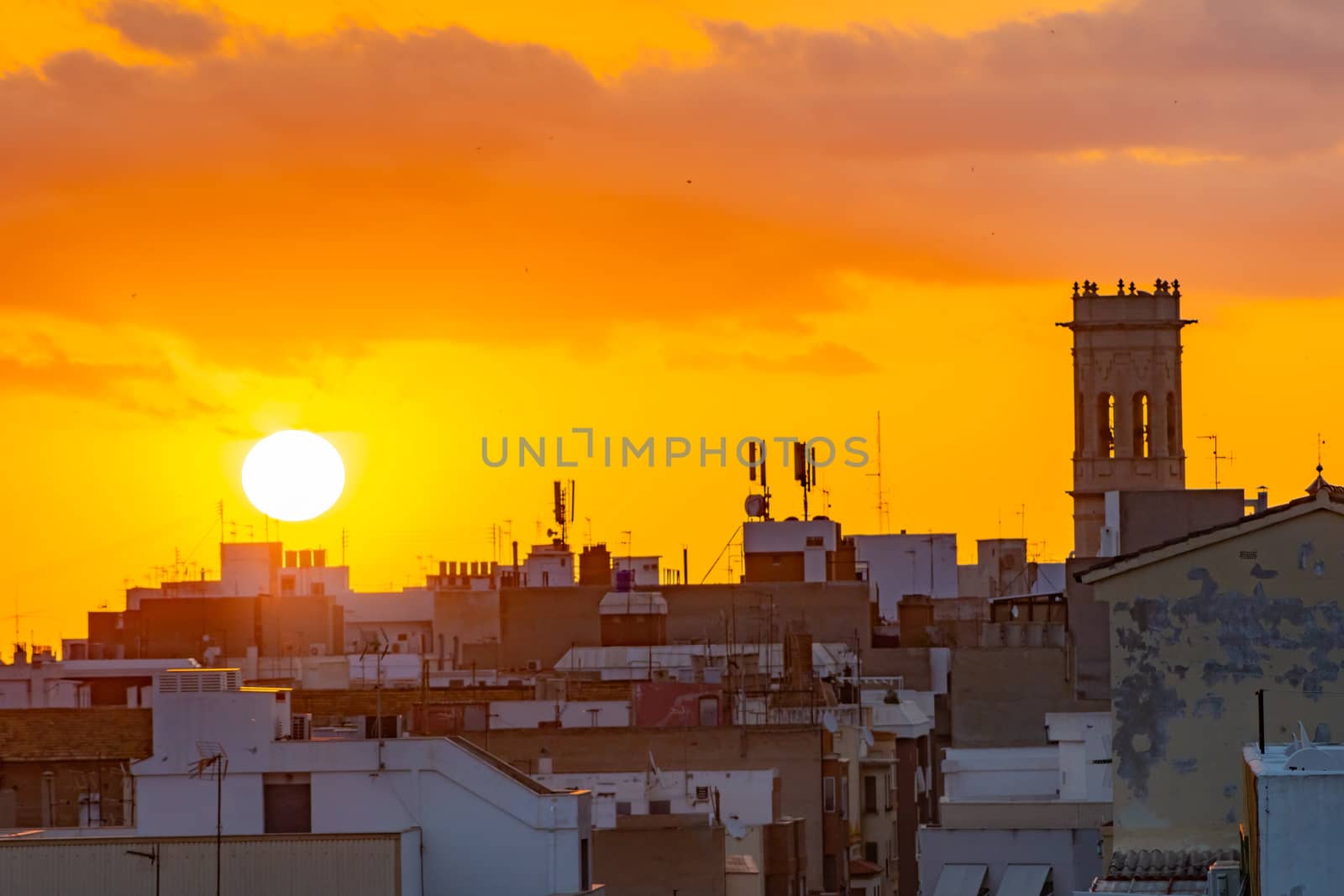 Panoramic of the Burriana tower at sunrise