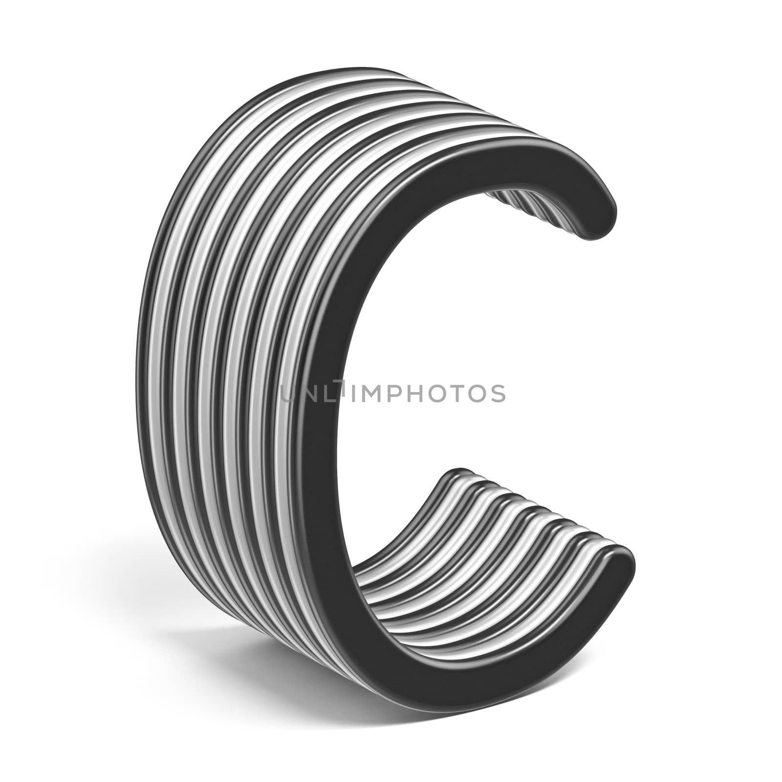 Black and white layered font Letter C 3D render illustration isolated on white background