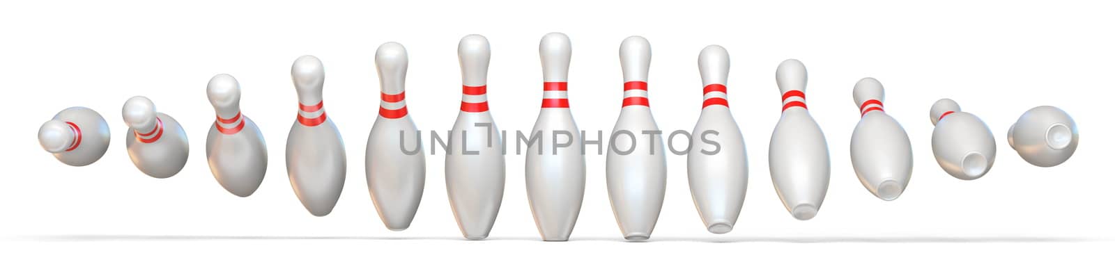 Set of bowling pins while rotatig 3D rendering illustration isolated on white background