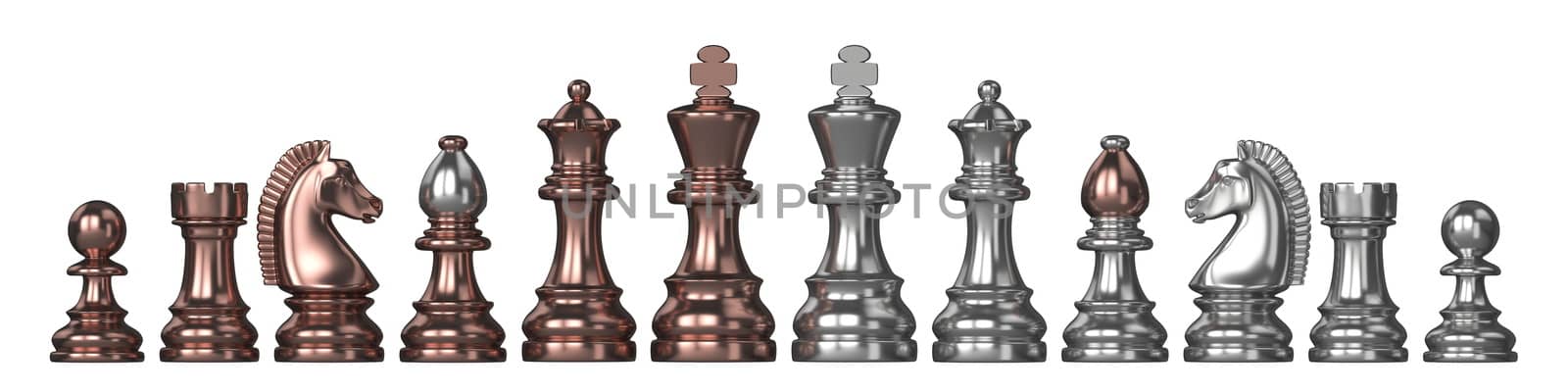 Silver and bronze all chess pieces 3D rendering illustration isolated on white background
