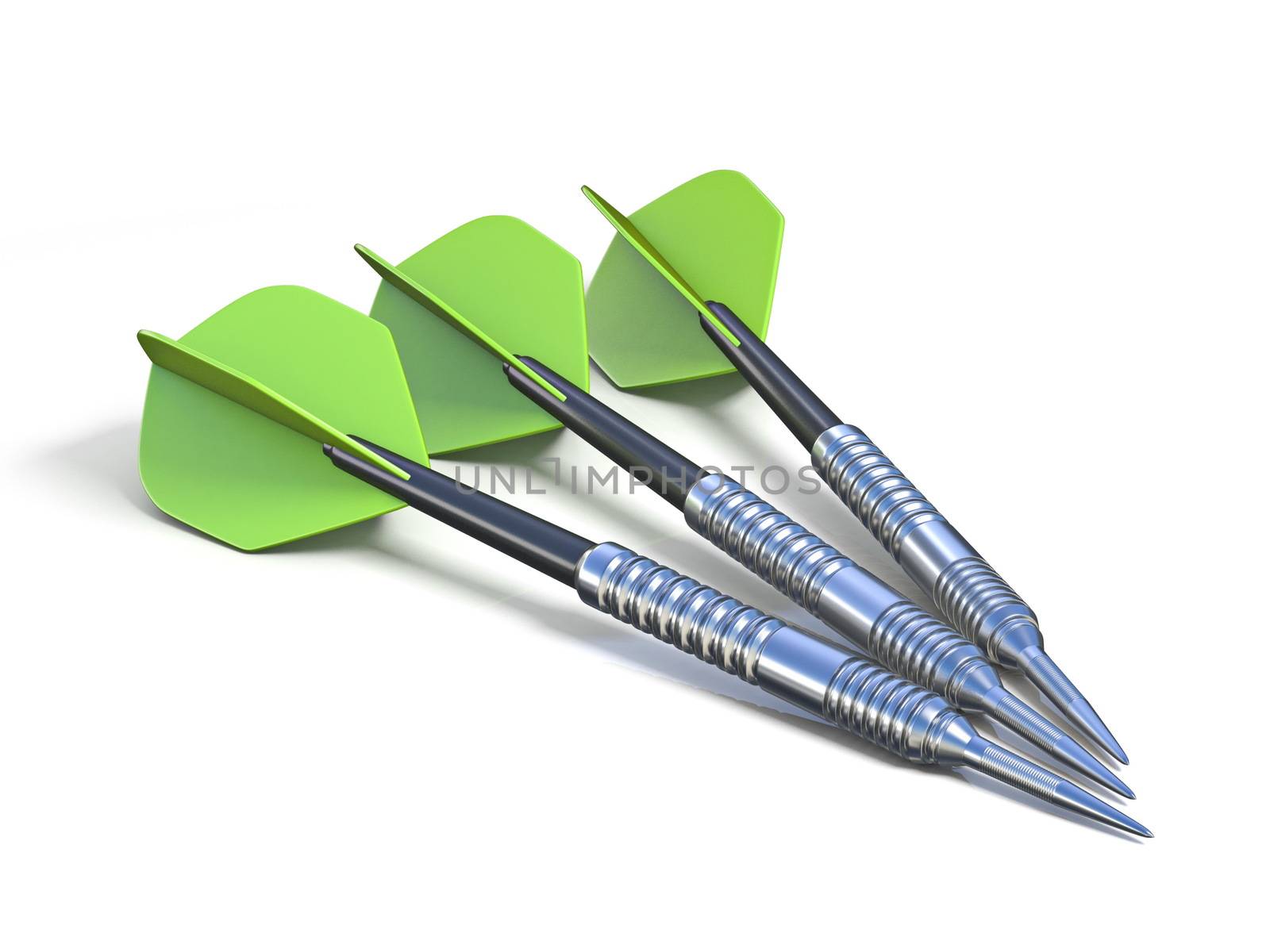 Three green darts 3D rendering illustration isolated on white background