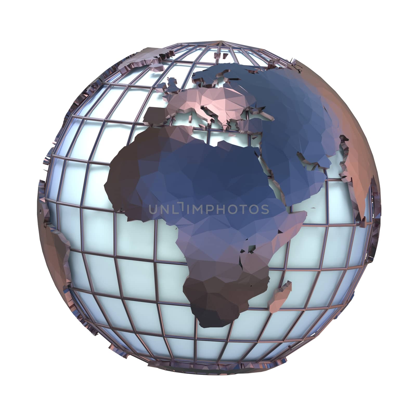 Polygonal style illustration of earth globe, Europe and Africa view 3D rendering illustration isolated on white background