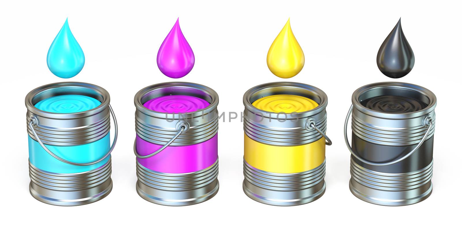 CMYK metal tins with color drops 3D rendering illustration isolated on white background