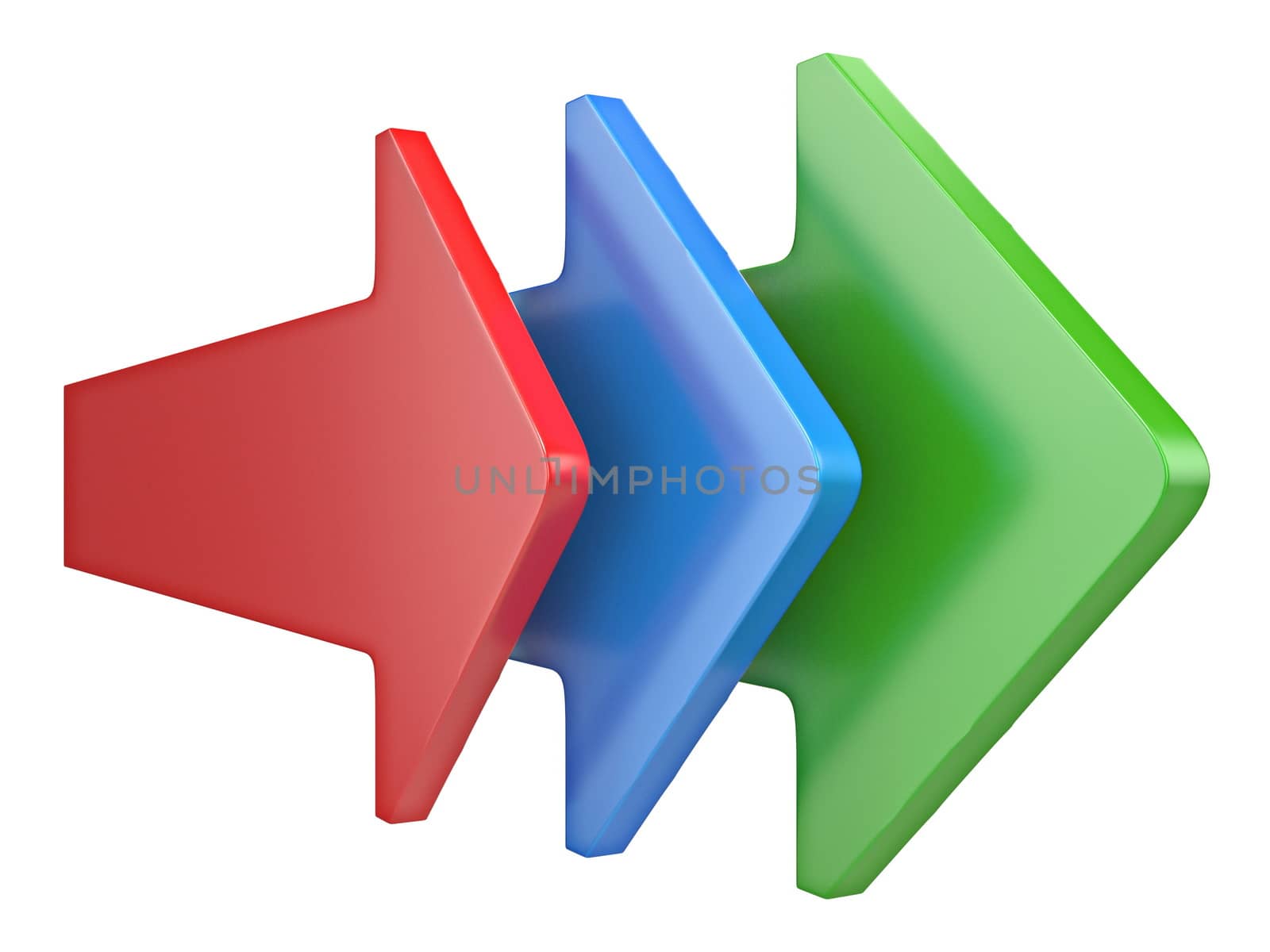 Three arrows showing same directions 3D rendering illustration isolated on white background