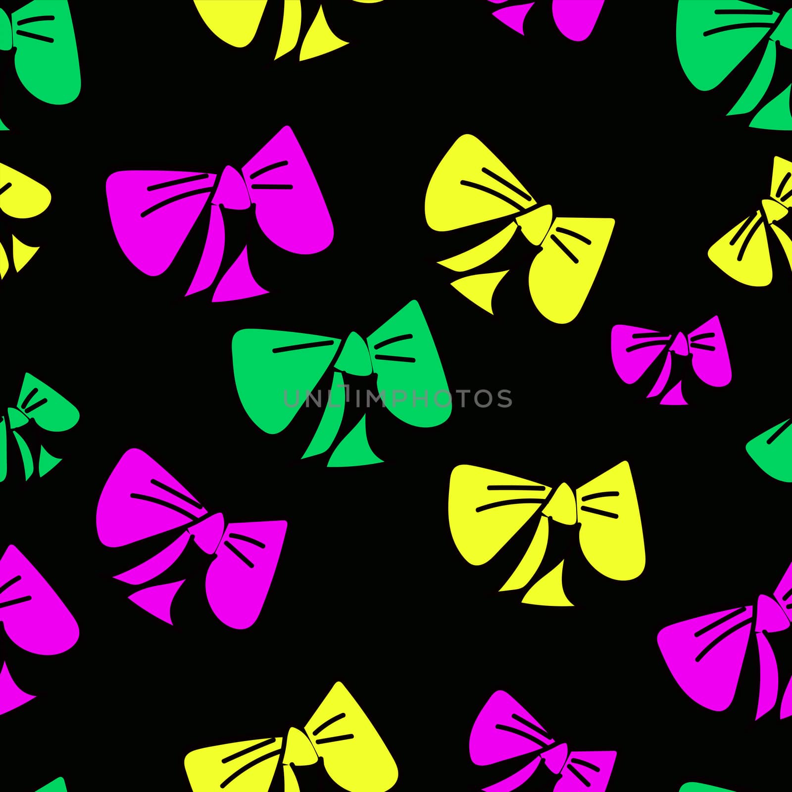 Cute seamless pattern with hand-drawn colorful bows on black isolated background. illustration of Doodle. Fabric design, Wallpaper, packaging.