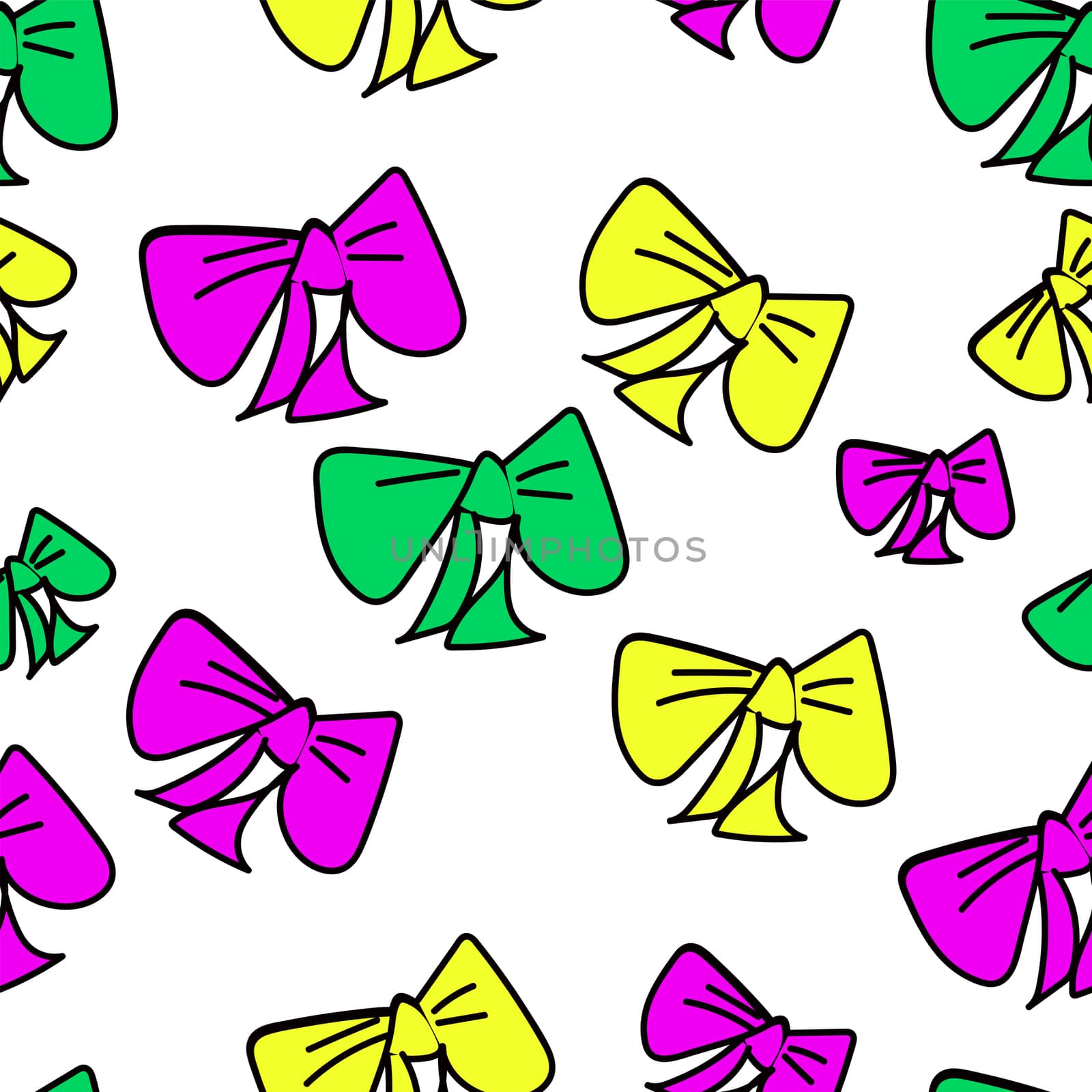 Cute seamless pattern with hand-drawn colorful bows on white isolated background. illustration of Doodle. Fabric design, Wallpaper, packaging.