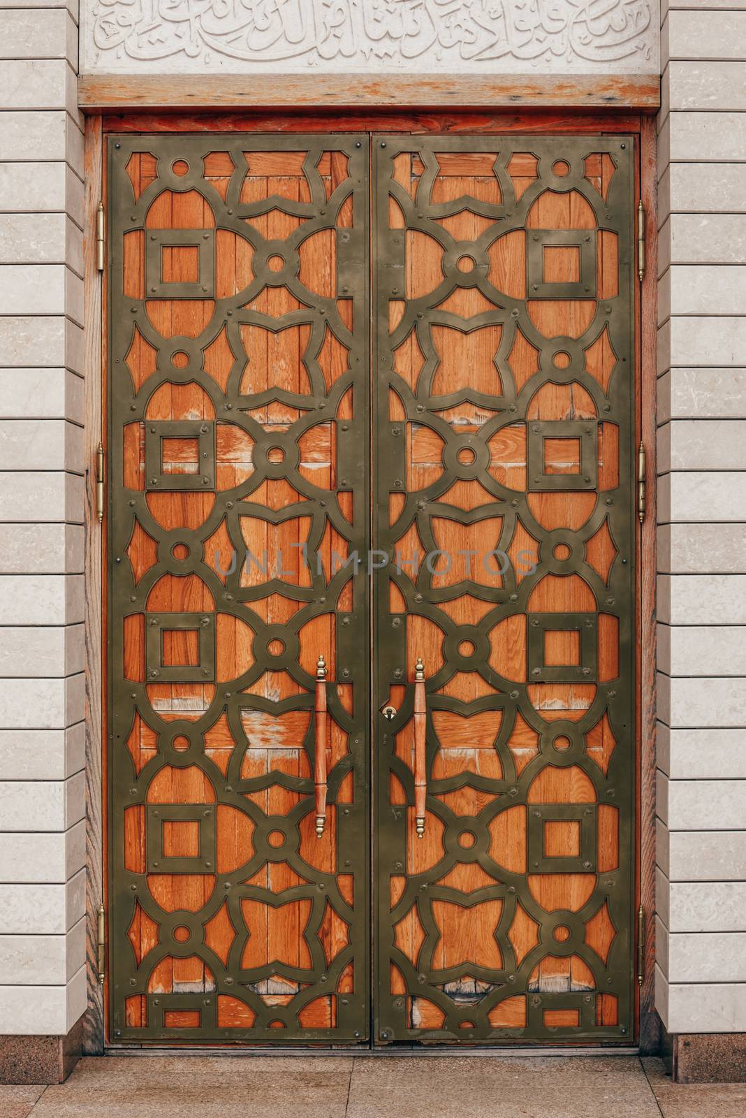 Background of Wooden Door Decorated with Oriental Ornament.