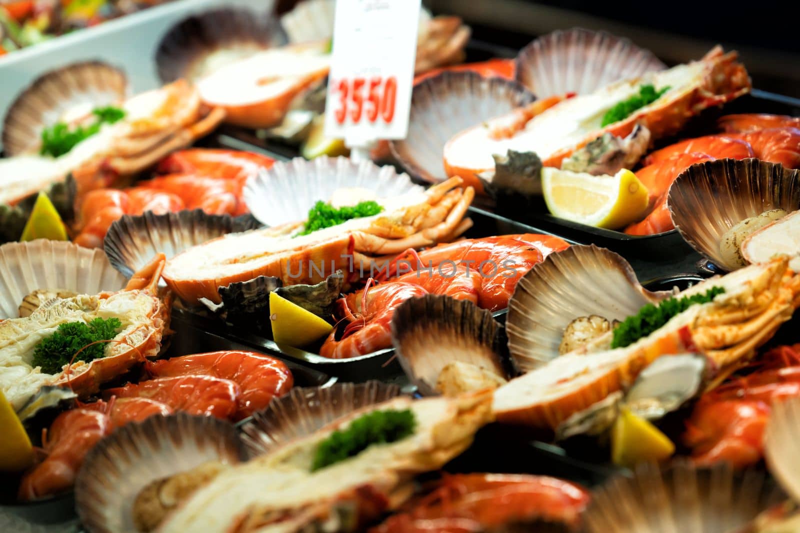 close up on seafood platter with price tag