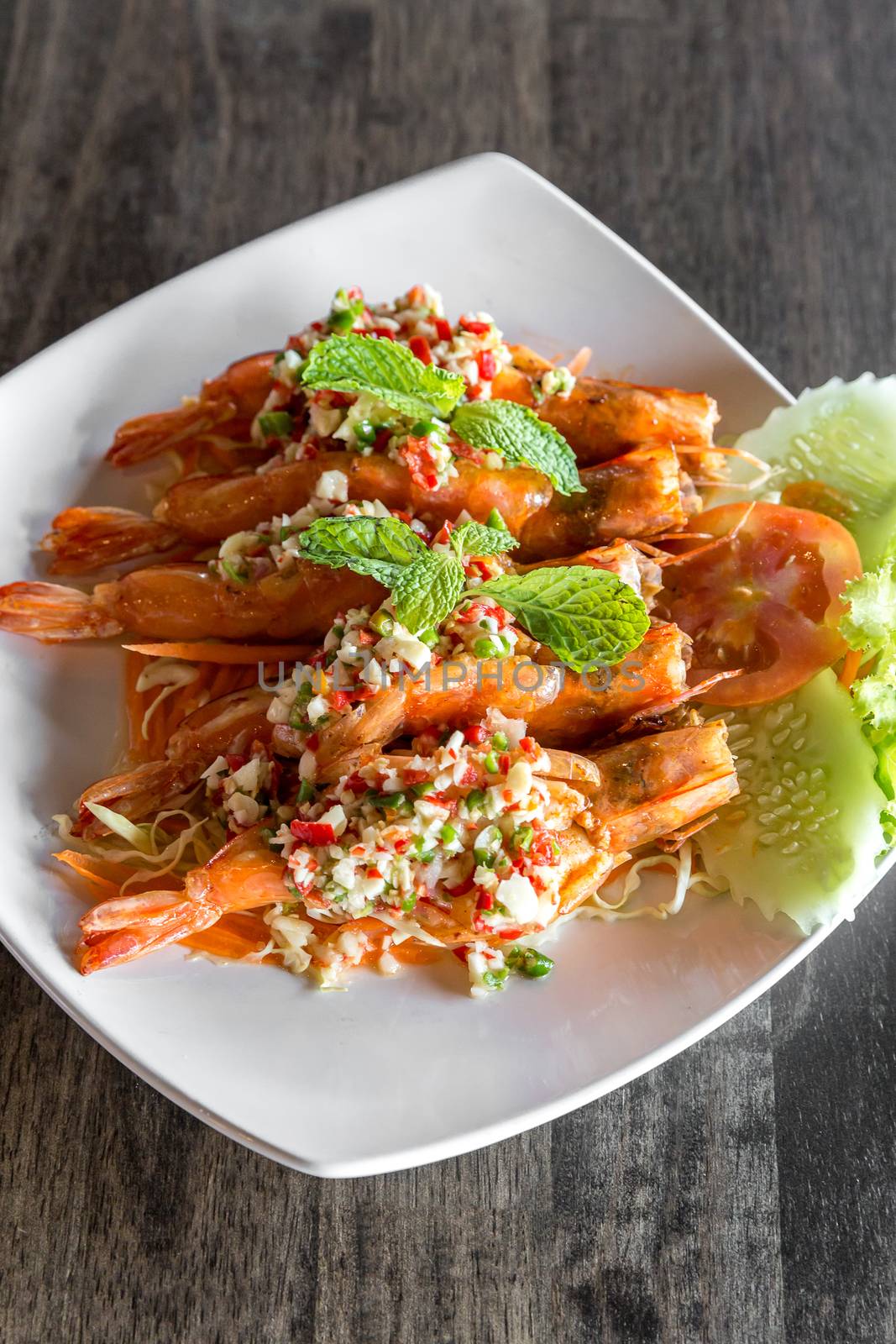 Tiger prawn spicy salad, thai sefood groumet cuisine