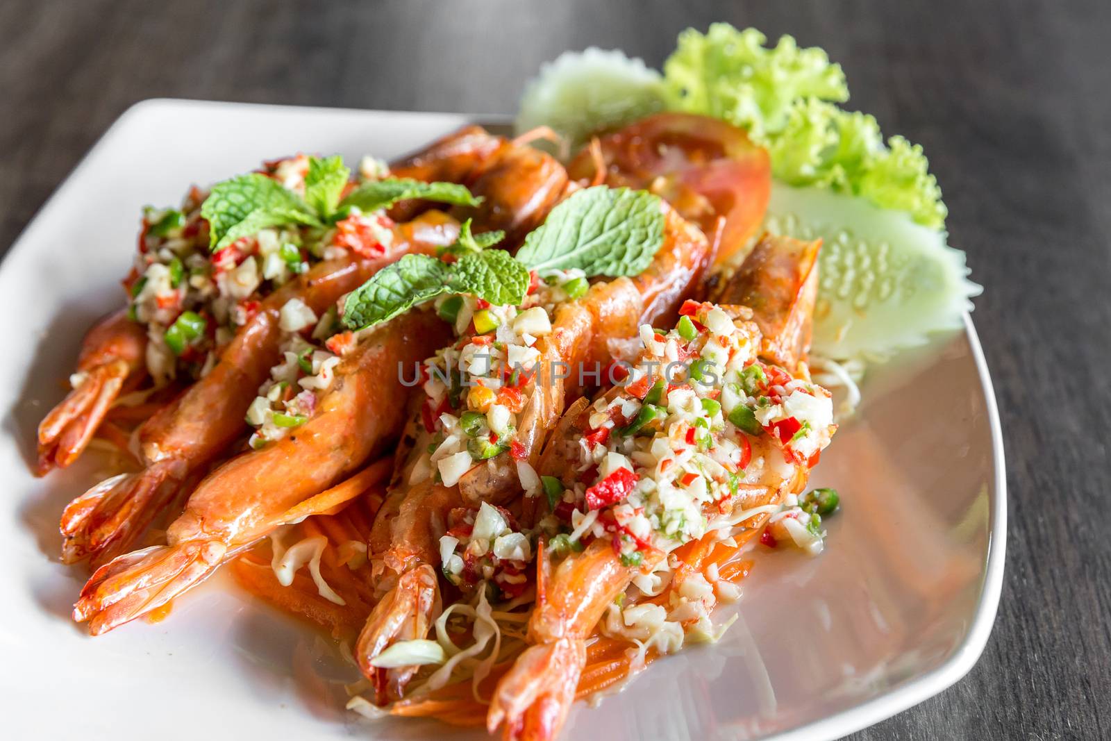 Tiger prawn spicy salad, thai sefood groumet cuisine