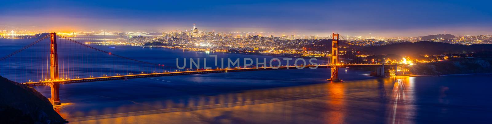 Golden Gate bridge in San Francisco California USA West Coast of Pacific Ocean Sunset Twilight panorama