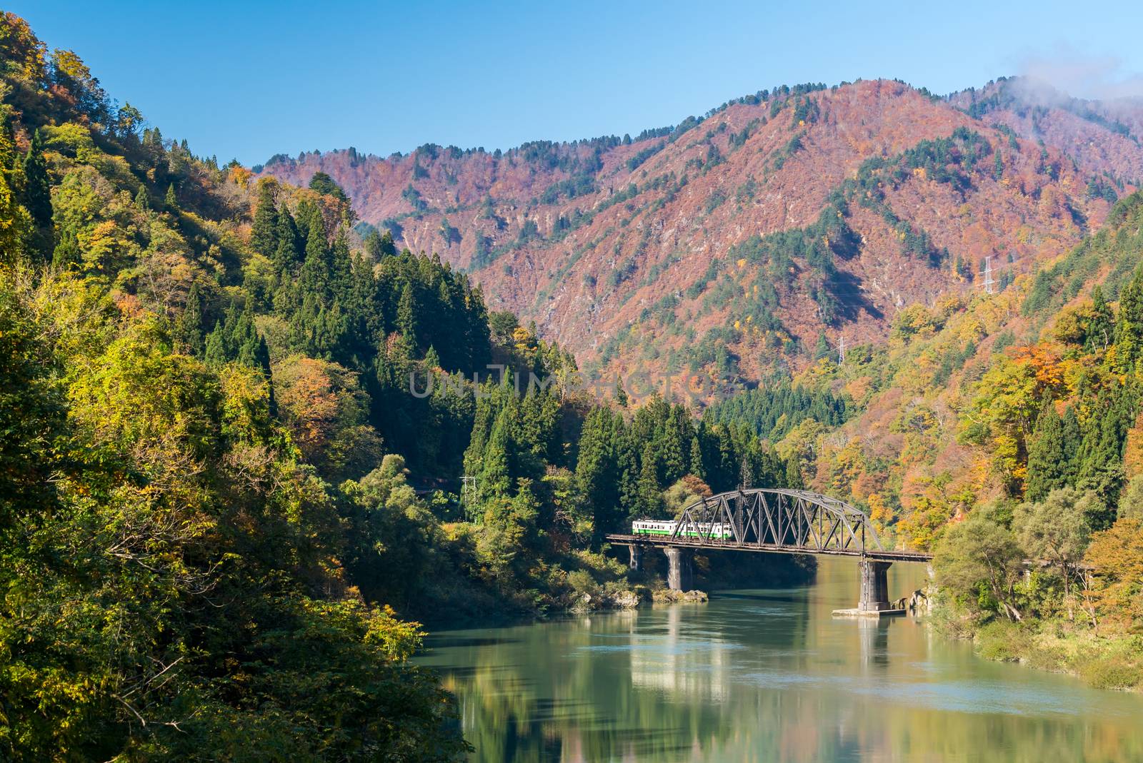 Autumn fall foliage Fukushima Tadami Black Bridge View Point in Fukushima Japan