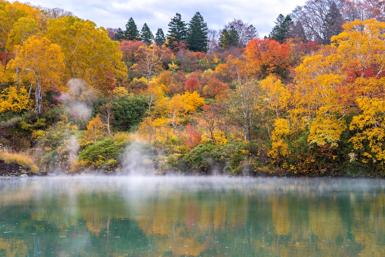 Autumn Forest onsen lake at Jigoku Numa, Hakkoda Aomori Tohoku Japan