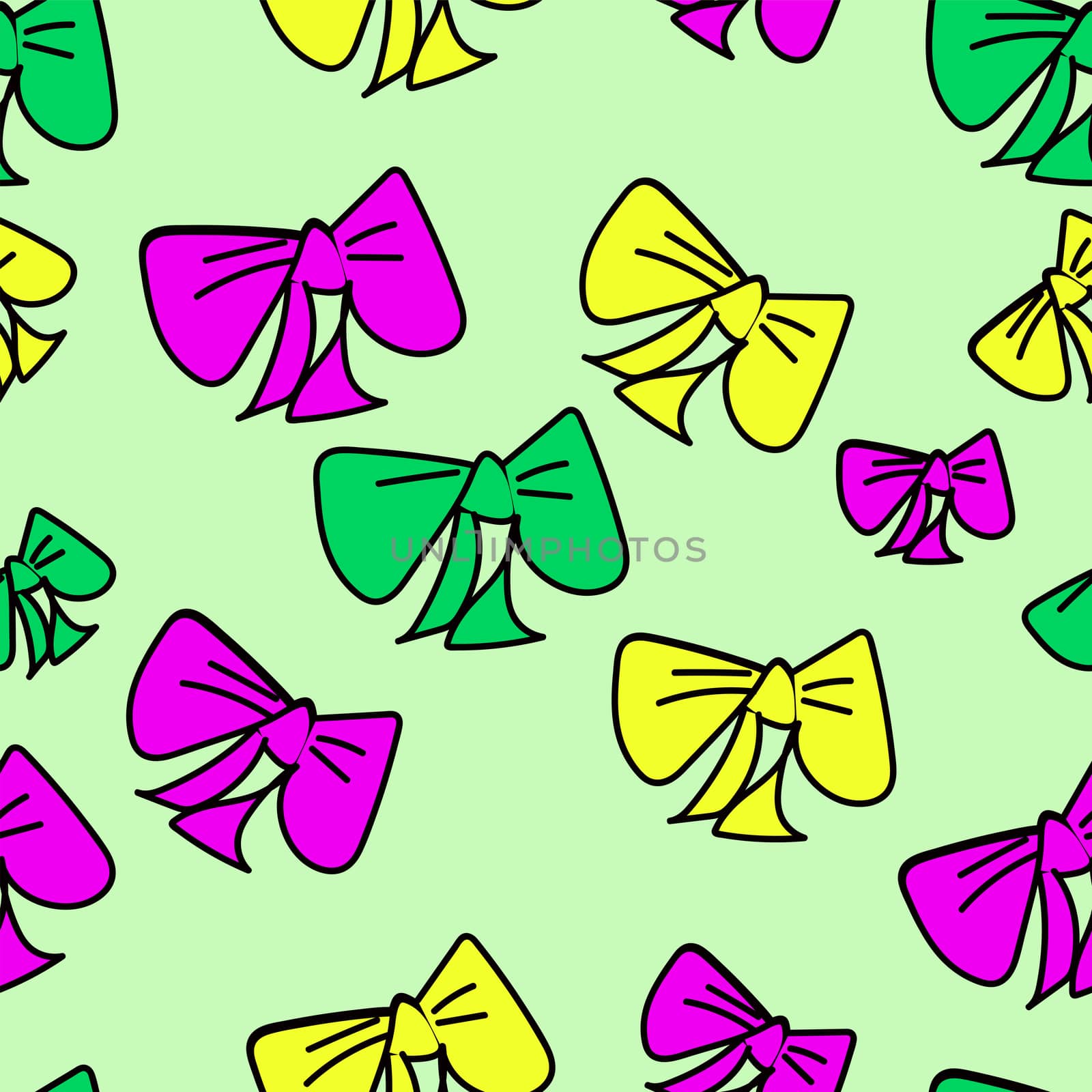 Cute seamless background with hand drawn colorful bows on pastel green isolated background. illustration of Doodle. Fabric design, Wallpaper, packaging by claire_lucia