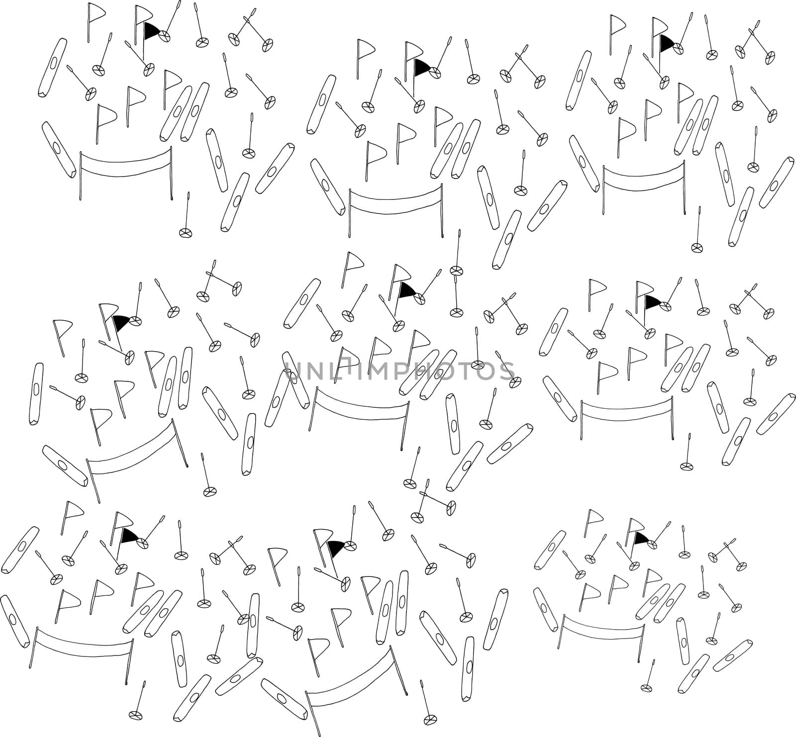 Pattern of doodles on a white background of winter sports. Skiing, snow and recreation, outdoor travel