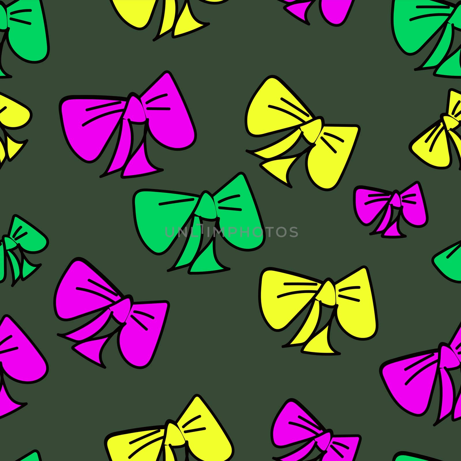 Cute seamless pattern with colored cartoon bows on dark green background, fabric blank, packing pattern, design by claire_lucia
