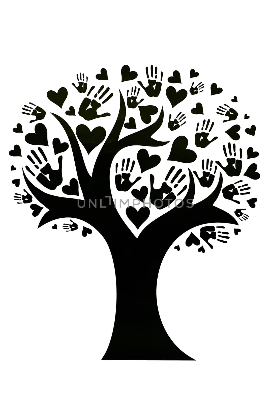 Tree whose leaves are depicted in the form of palms and hearts. The concept of peace, unity, friendship and love. Black and white design with copy space. Global teamwork help concept.