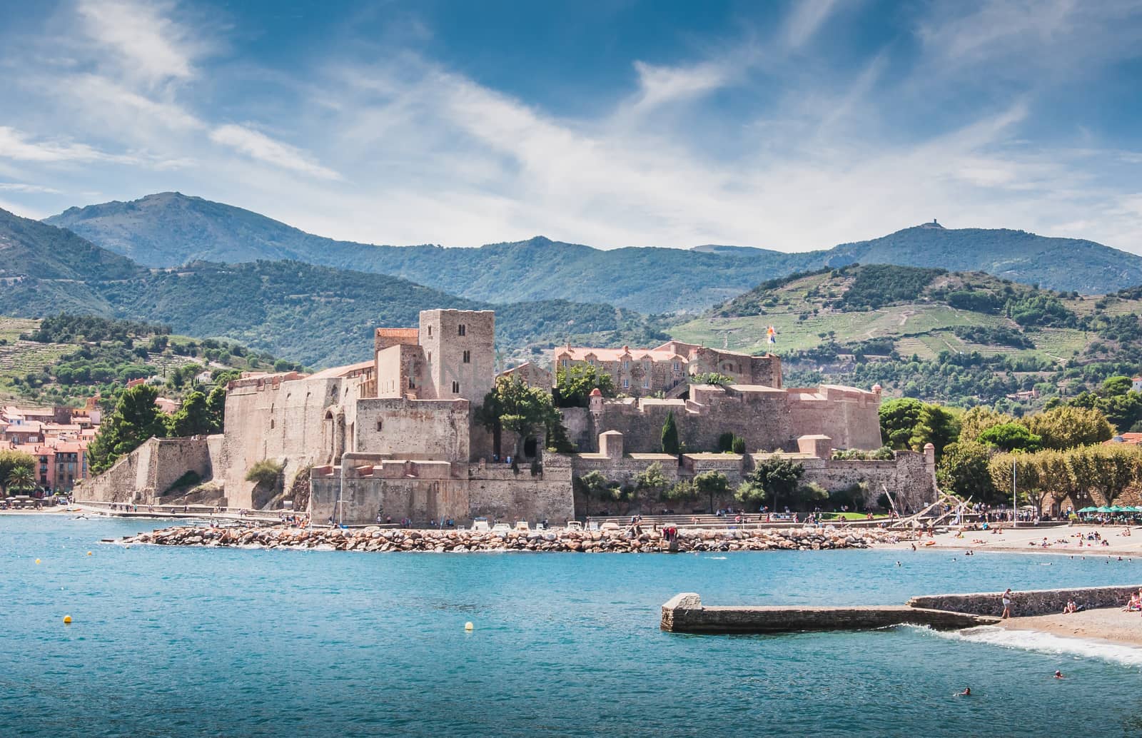 Royal Castle Collioure under blue sky in the Pyrenees-Orientales, France