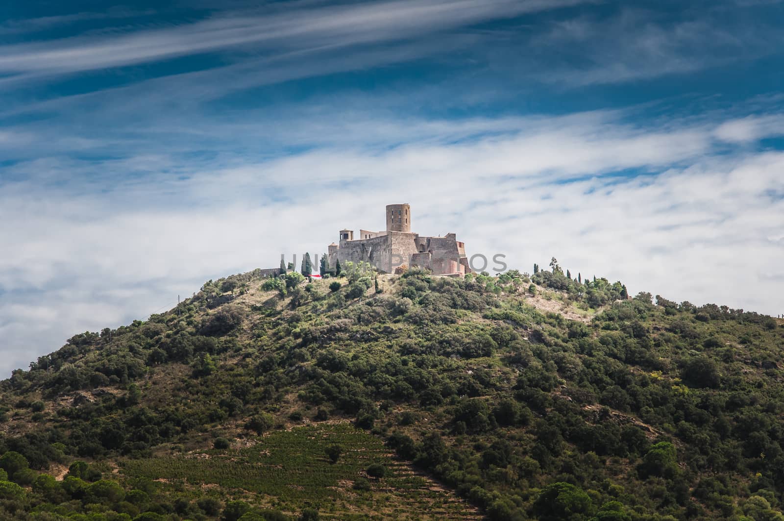 Fort Saint-Elme at the top of a hill in Collioure, Pyrénées-Orientales, France