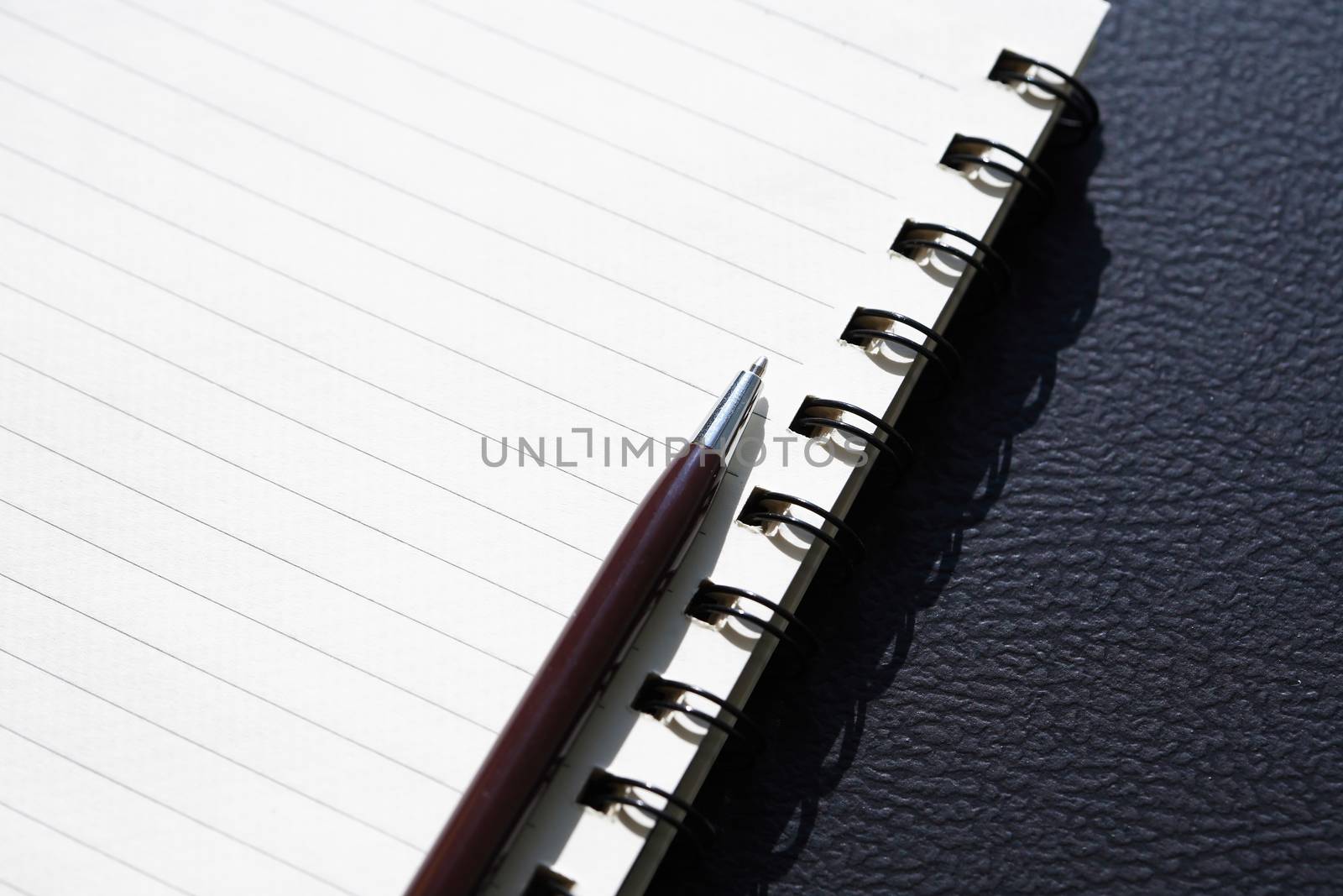 Pen on open spiral notepad with blank page