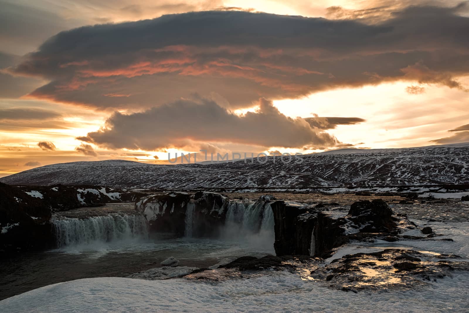 Godafoss waterfall at sunset in winter, Iceland