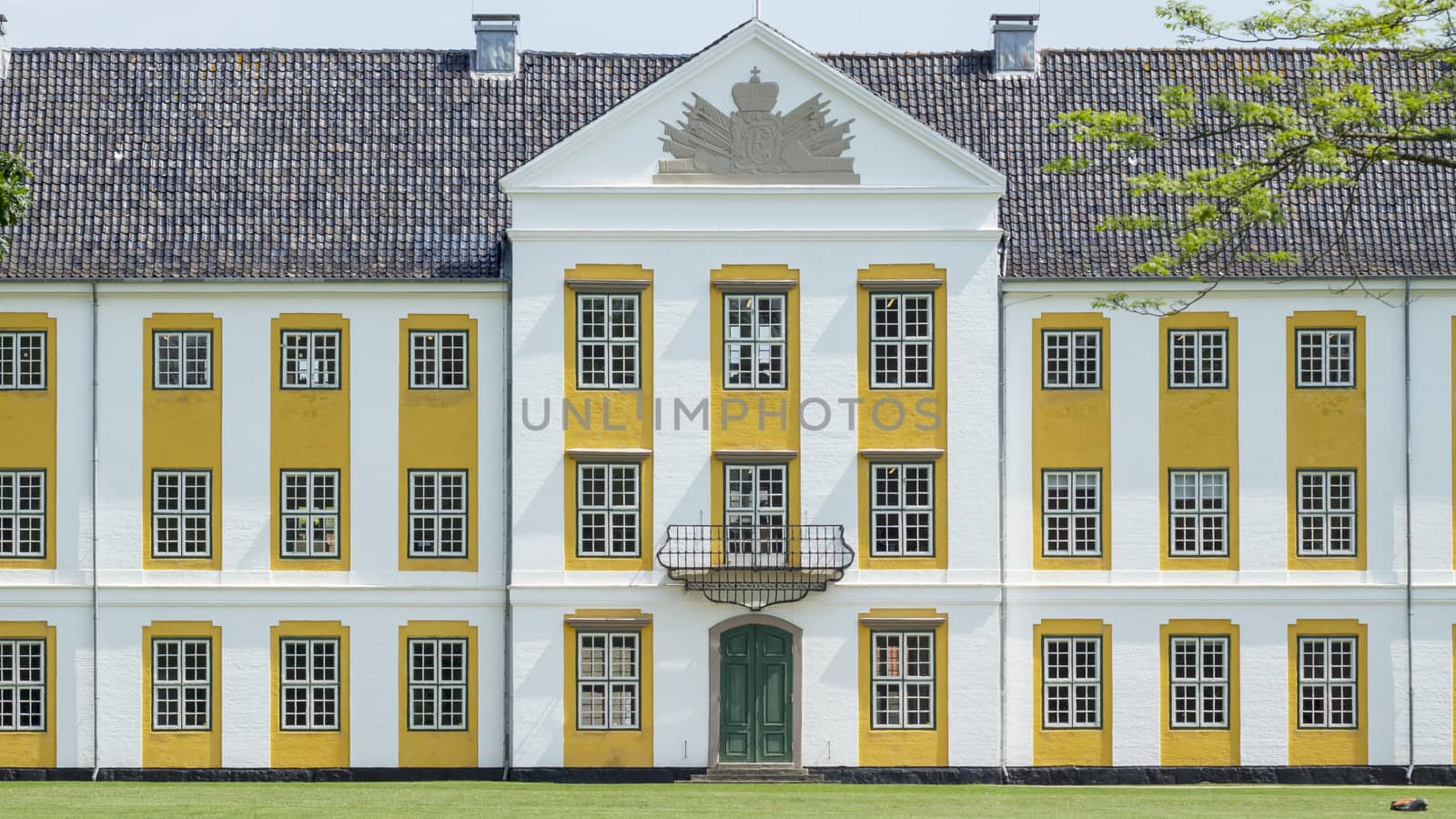 Facade of augustenborg castle tourist landmark in denmark