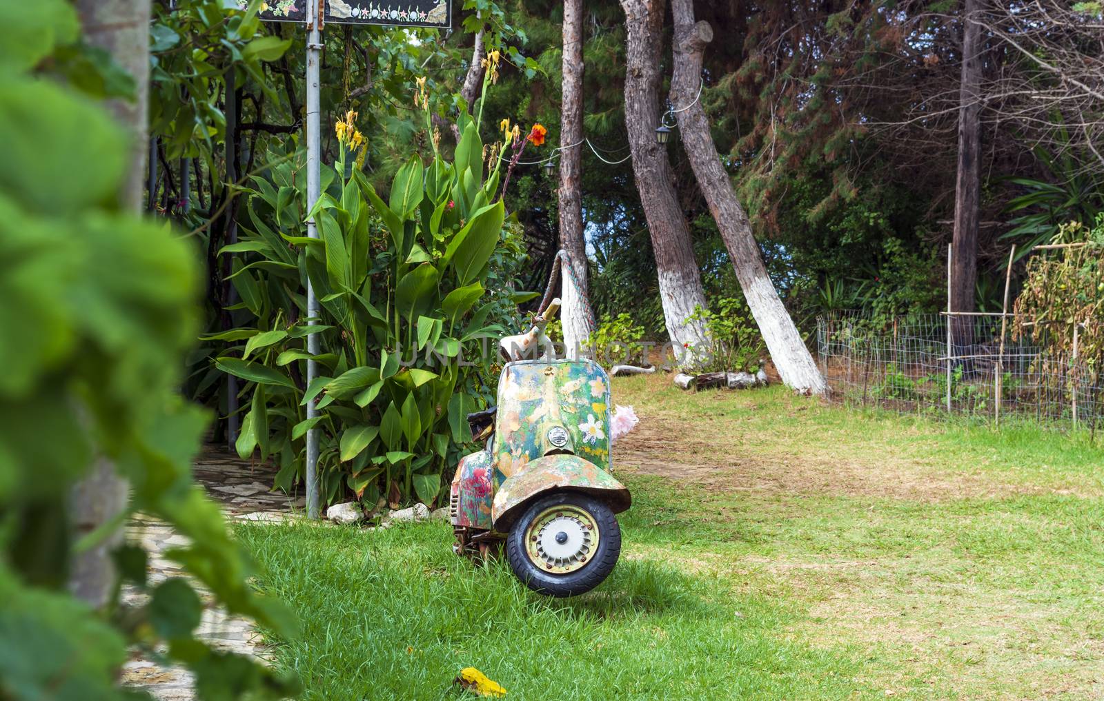 An old abandoned painted motorcycle in a garden at Corfu island, Greece.