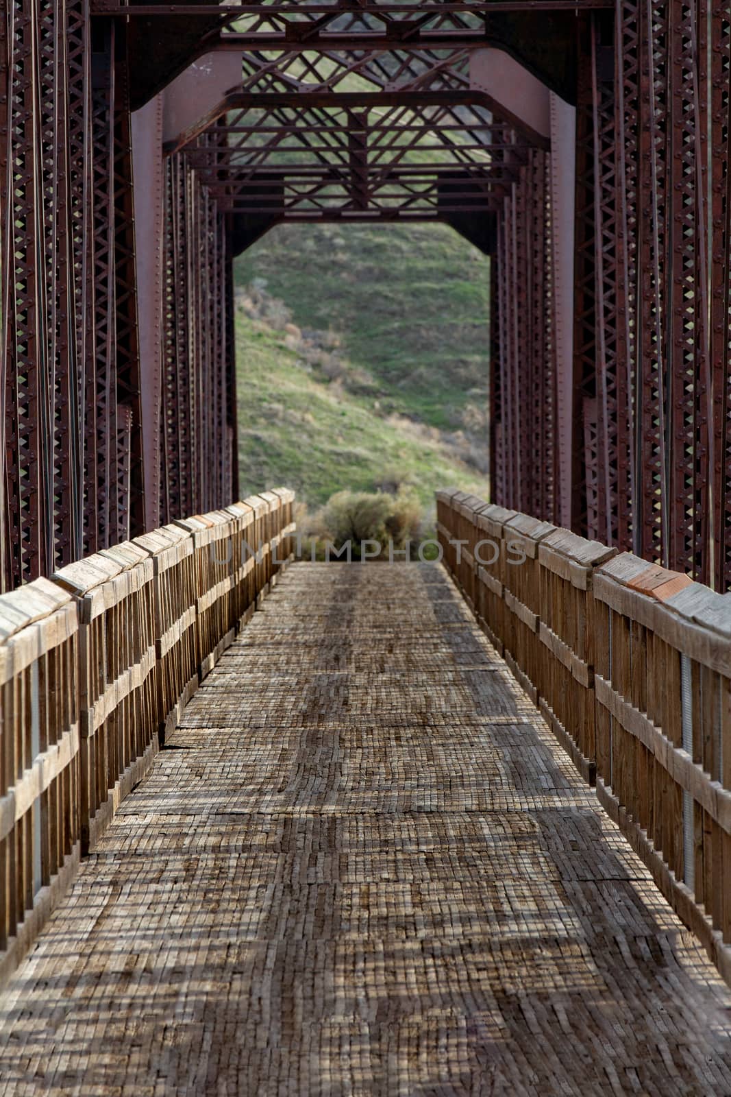 showing a path leading to a grassy hill by going through a wooden bridge