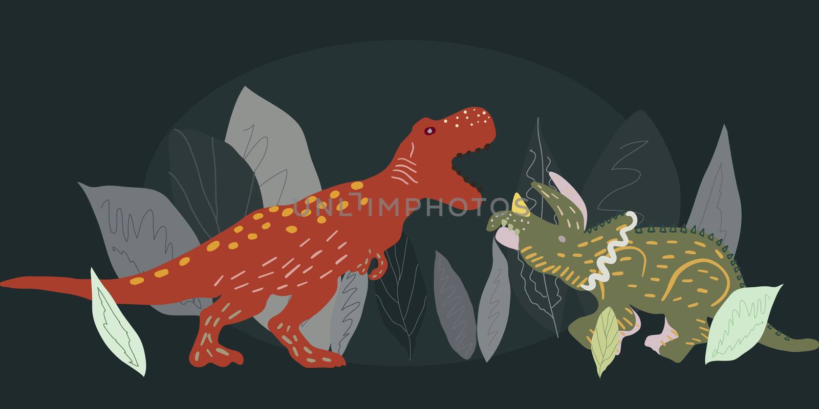 Tyrannosaurus and Triceratops dinosaur illustration. Cartoon characters isolated design element. T-shirt, poster,  greeting card design. 