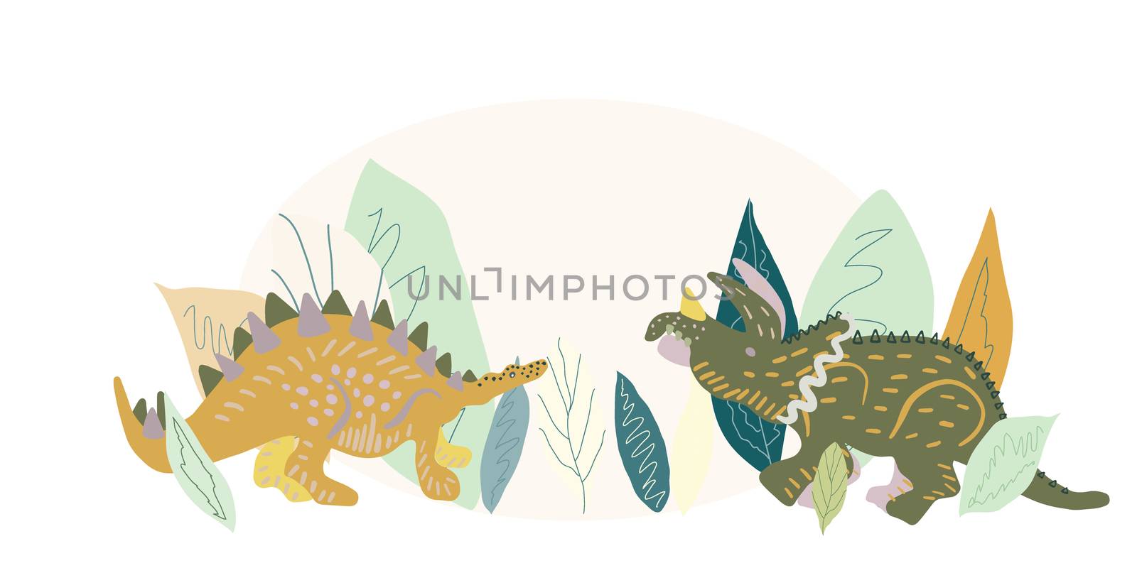 Stegosaurus and Triceratops cute illustration. Cartoon characters isolated design element. T-shirt, poster,  greeting card design. 