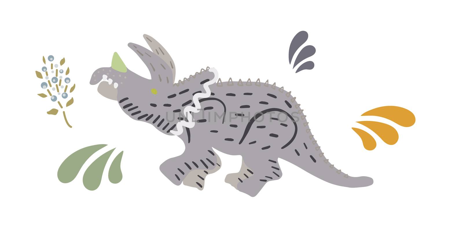 Triceratops dinosaur hand illustration. Cartoon characters isolated design element. T-shirt, poster, greeting card design. 