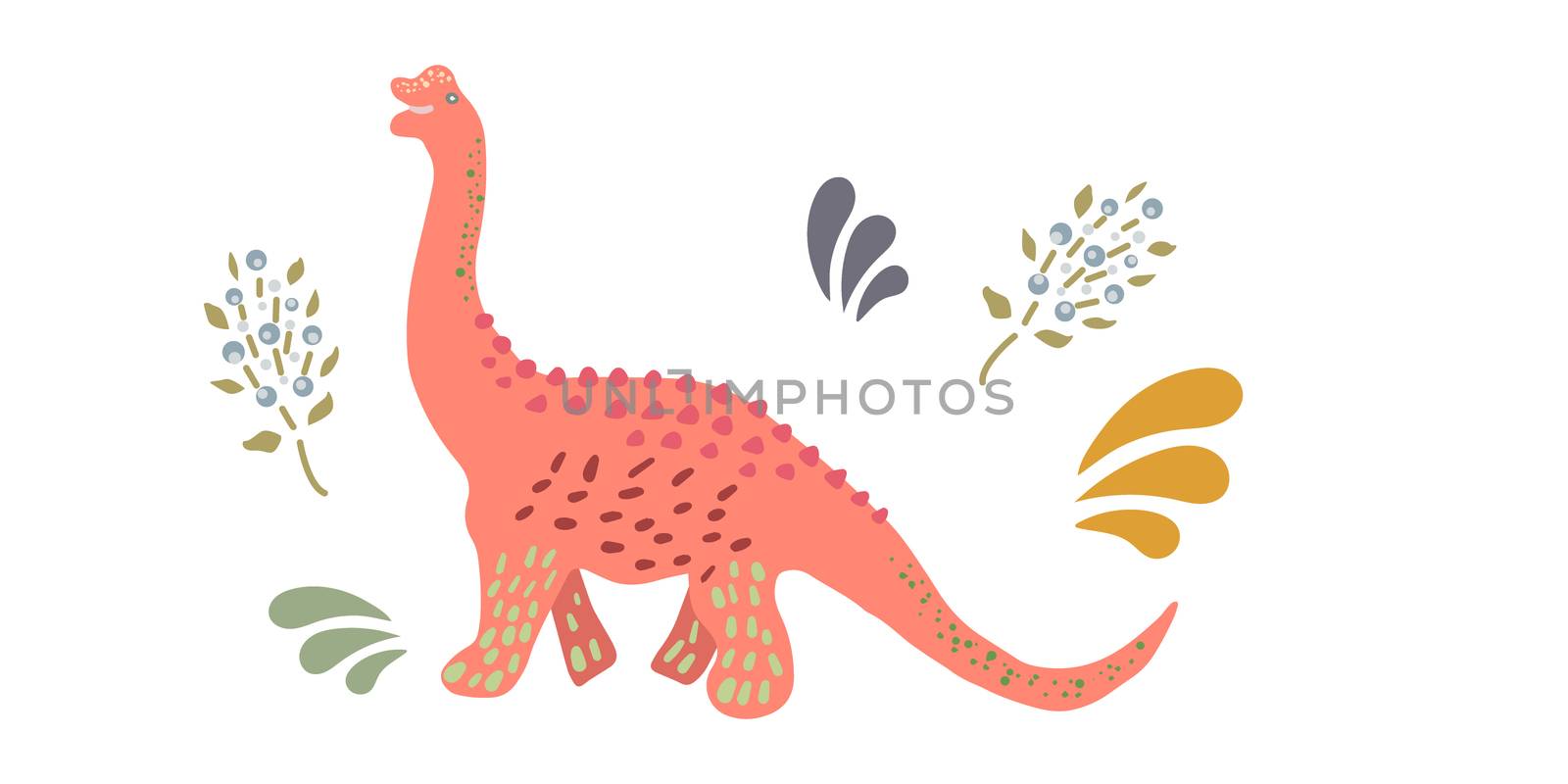 Pink Brachiosaurus cute dinosaur illustration. Cartoon characters isolated design element. T-shirt, poster, greeting card  design.