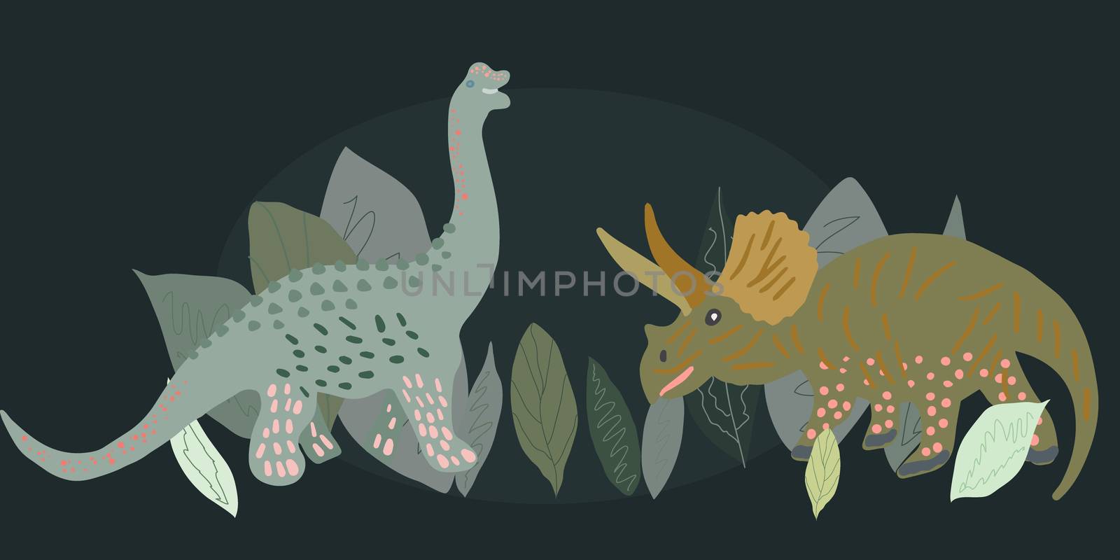 Brachiosaurus and Pachyrhinosaurus illustration on black background Cartoon characters isolated design element. T-shirt, poster, greeting card design. 