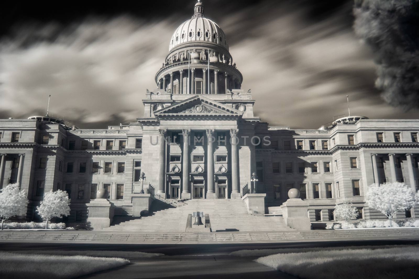 Almost black and white image of the boise capital that was shot in infrared