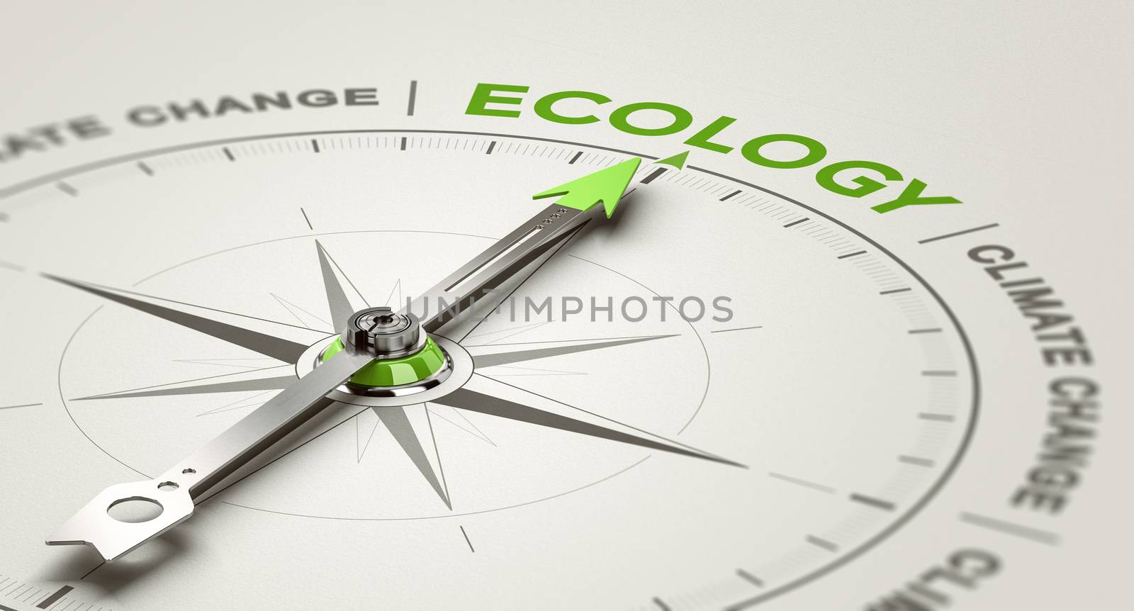 3D illustration of a conceptual compass with needle pointing the word ecology. Environmental responsibility concept.