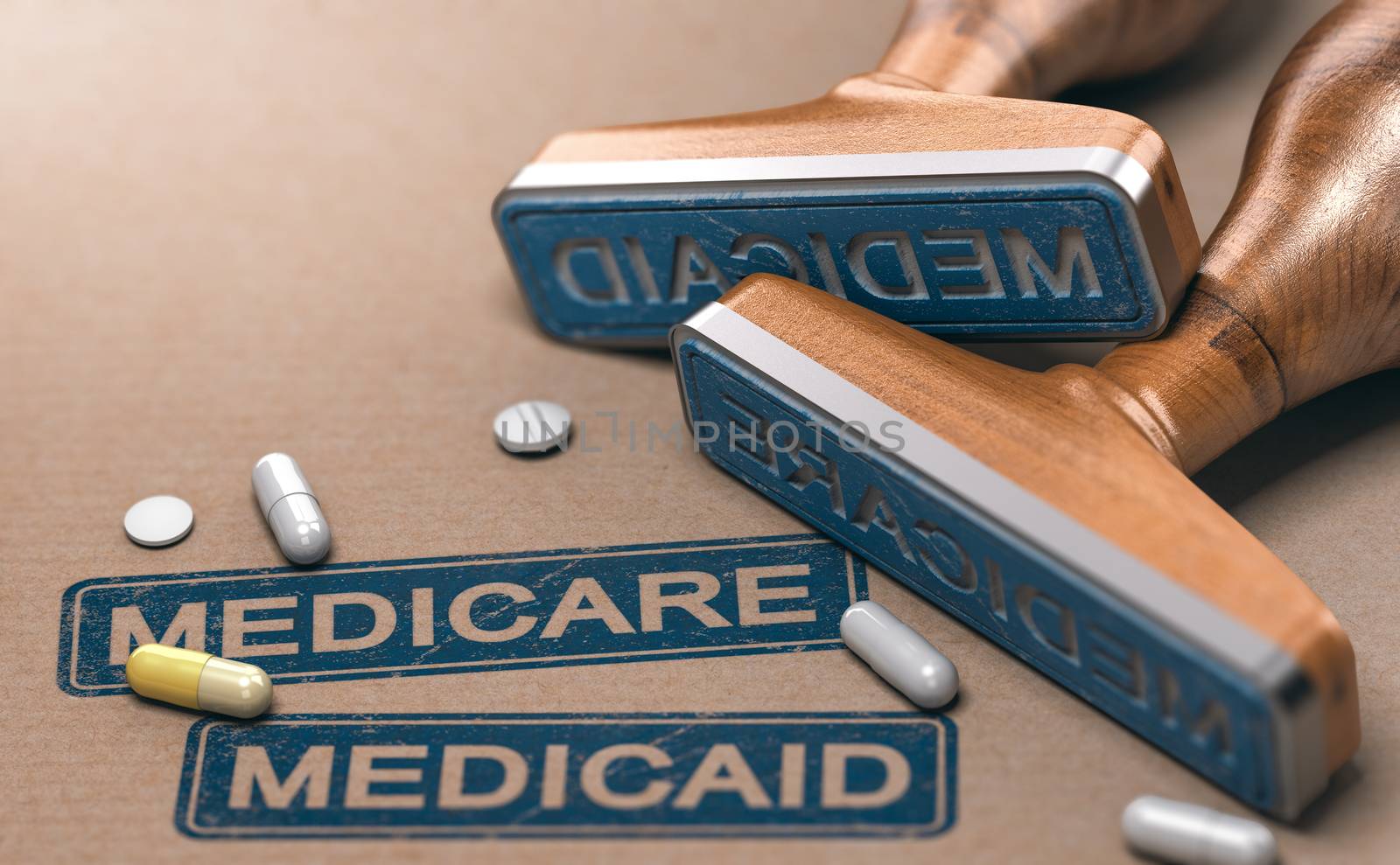 3D illustration of two rubber stamps with the words Mercicare and Medicaid over paper background.