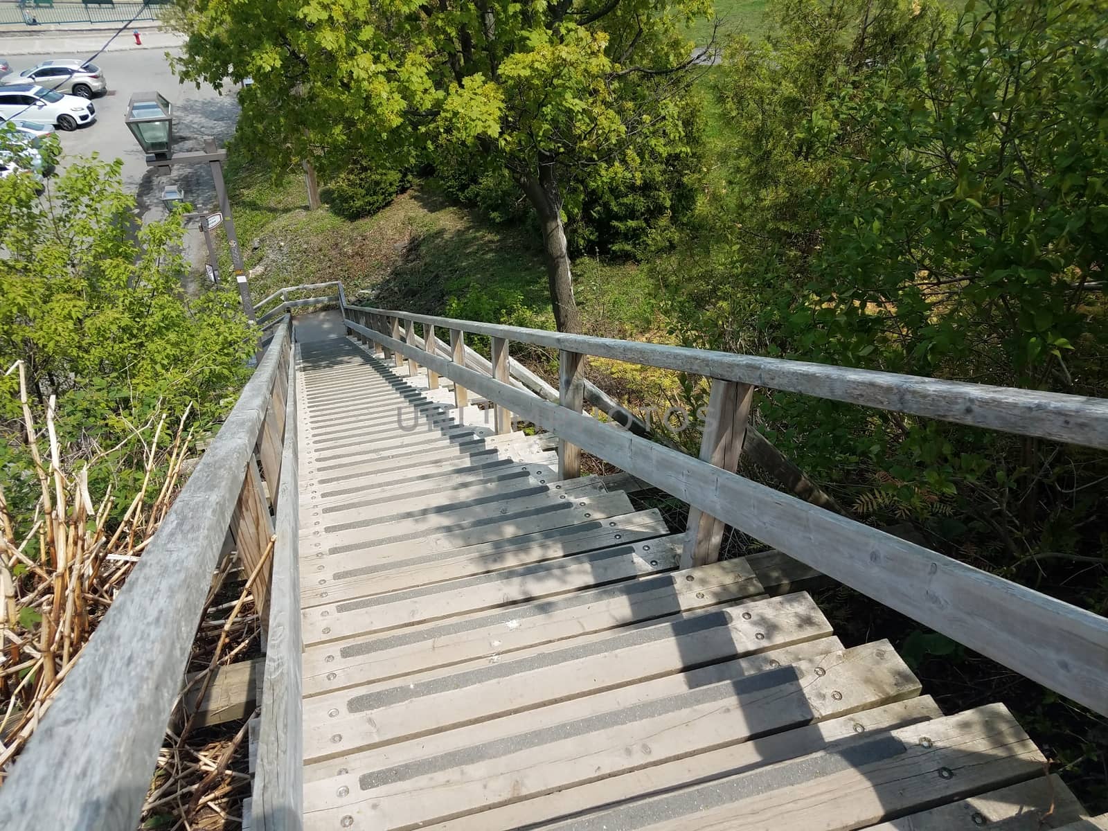 wooden stairs or steps with railing going down a hill