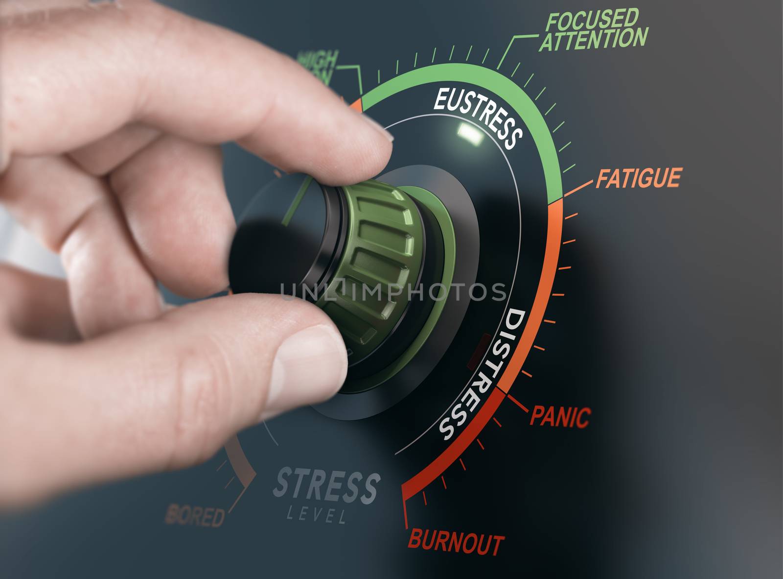 Hand turning a switch to manage stress level and setting it to eustress instead of distress. Composite between a photography and a 3D background.