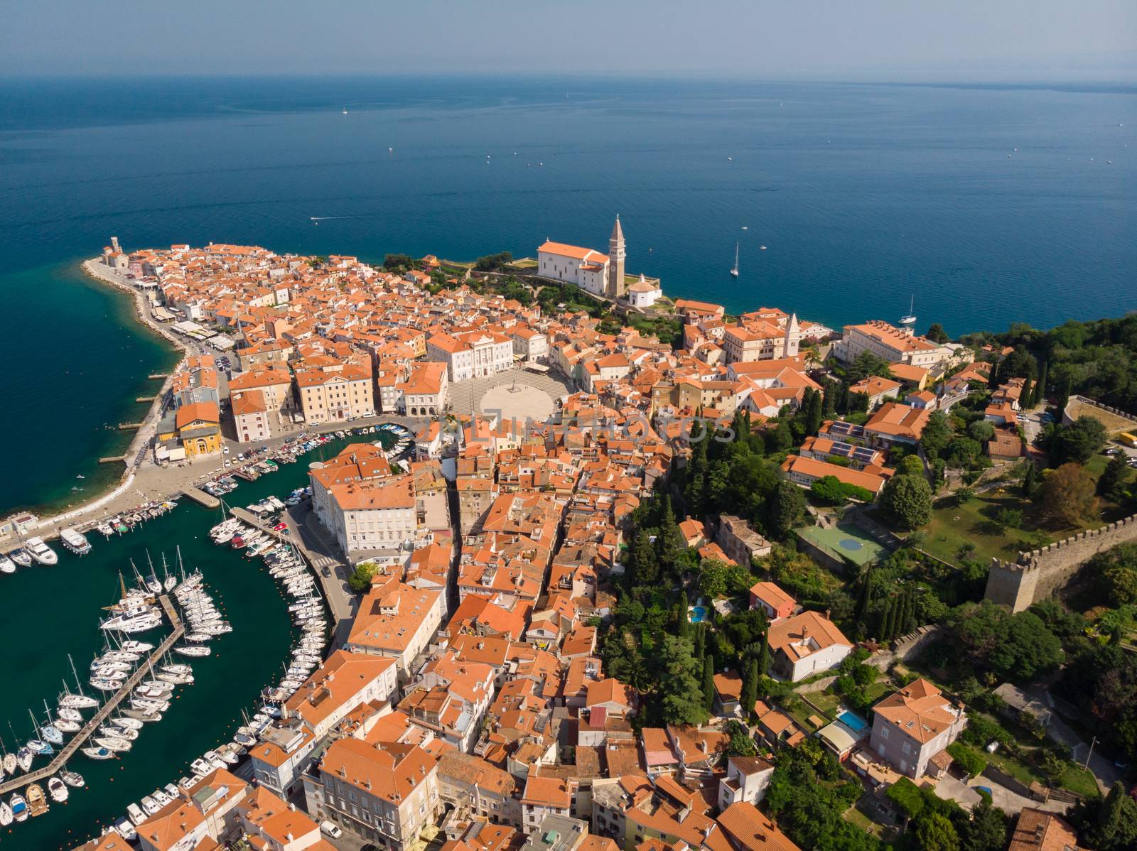 Aerial view of old town Piran, Slovenia, Europe. Summer vacations tourism concept background. by kasto