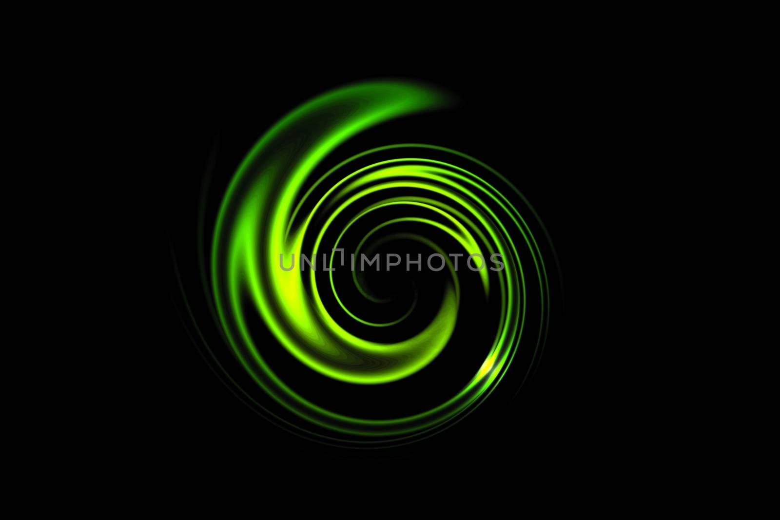 Glowing spiral tunnel with green light circle on black backdrop, abstract background