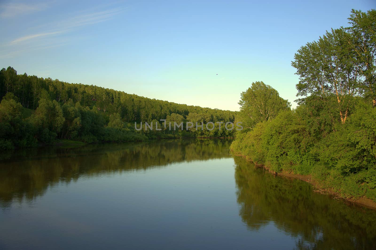 The calm flow of the forest river reflects in its waters the forest on the banks and the sky.