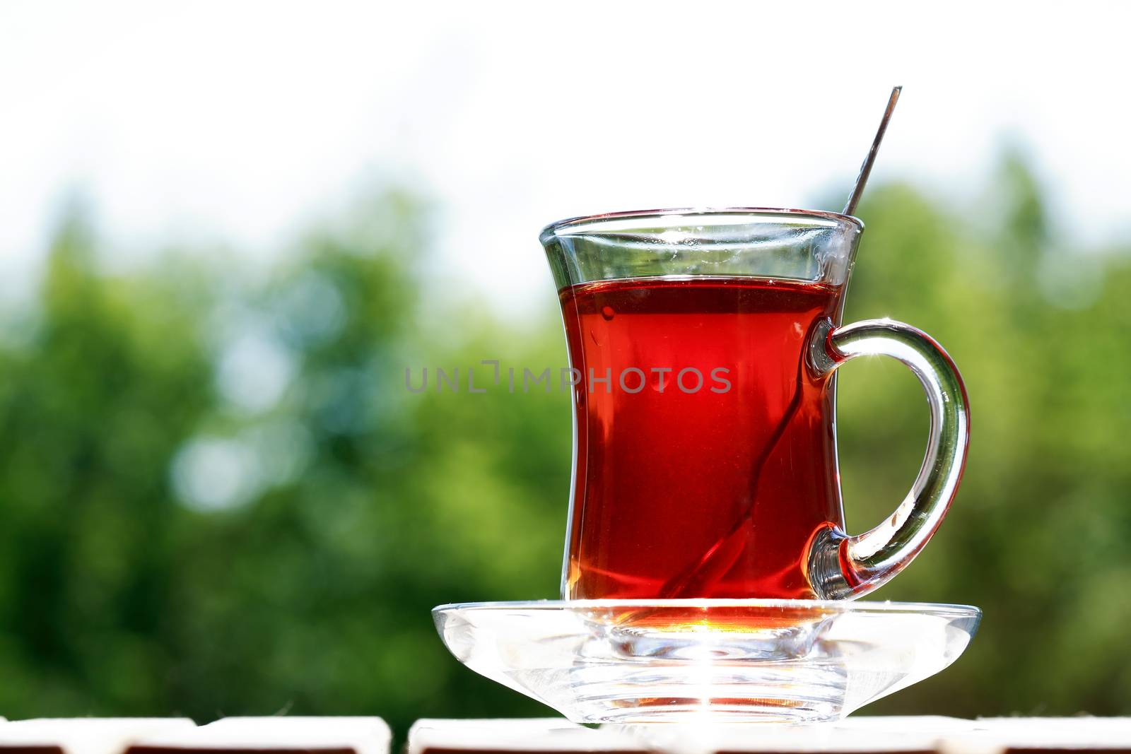 Nice small cup of Turkish black tea against nature background