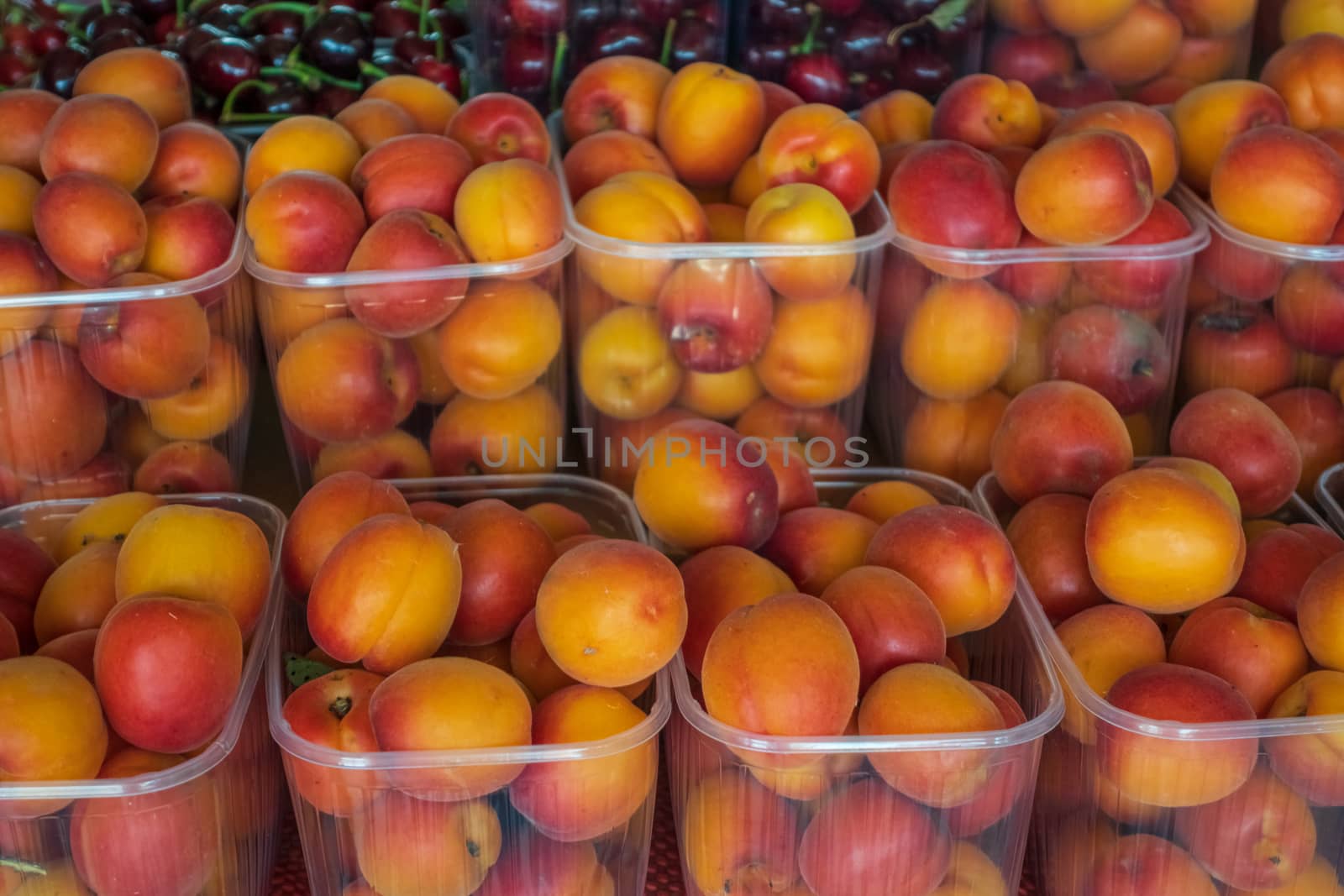 baskets of ripe apricots for sale in the steet shop.