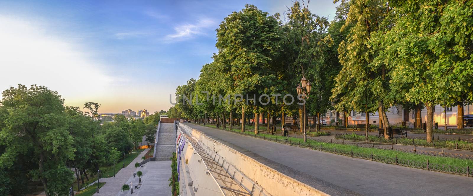 Odessa, Ukraine - 06.12.2018. Sunny summer morning in the historical center of Odessa, Ukraine. Seaside boulevard