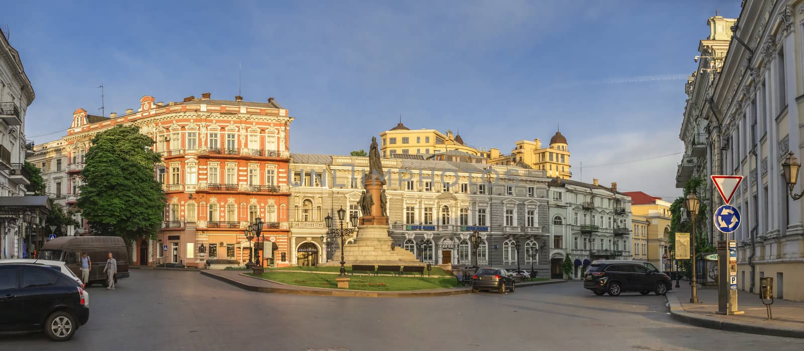 Odessa, Ukraine - 06.12.2018. Sunny summer morning in the historical center of Odessa, Ukraine. Catherine Square and Hotel Paris