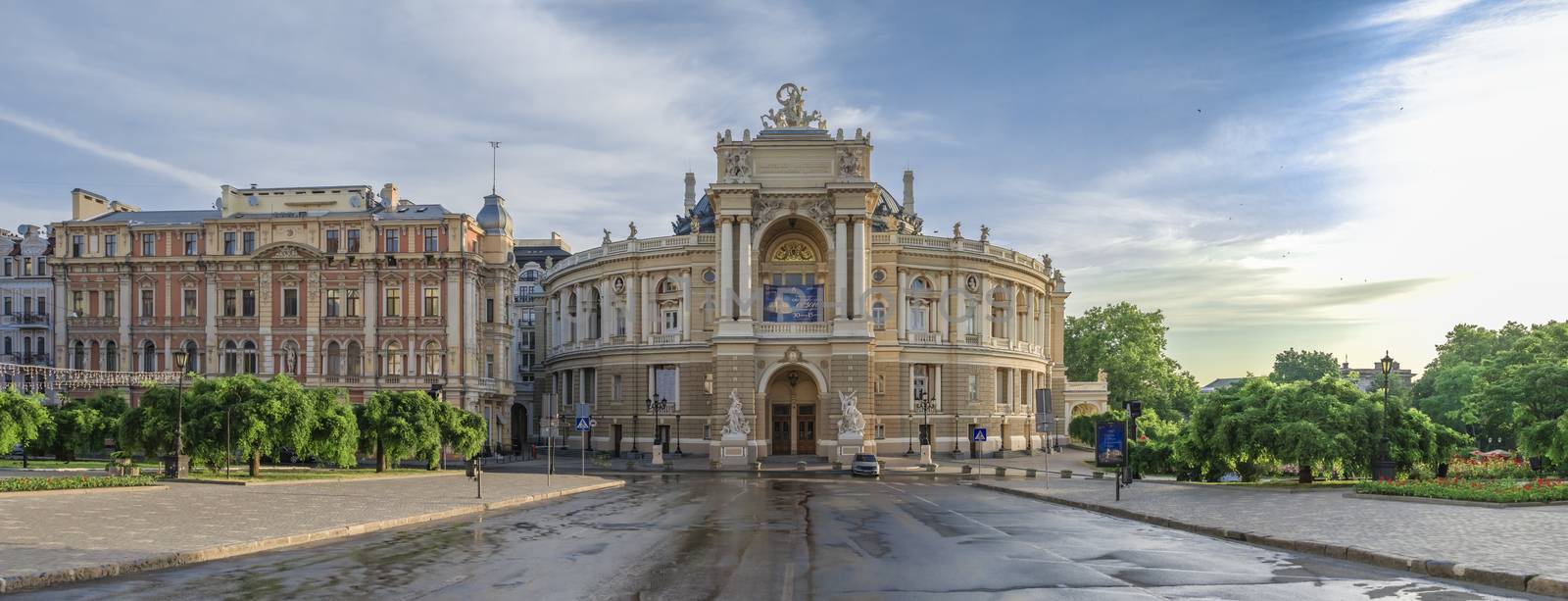 Odessa, Ukraine - 06.12.2018. Sunny summer morning in the historical center of Odessa, Ukraine. Opera House and theatre square